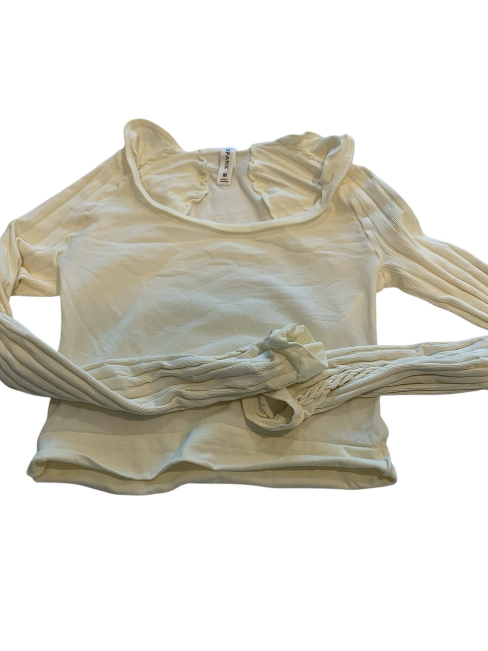 NWOT Cream Long-Sleeve Ruffle Neck Cropped Exercise or Sports Compression Top